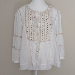 Bohemian Tie Front Embroidered Peasant Blouse Ivory Size Medium